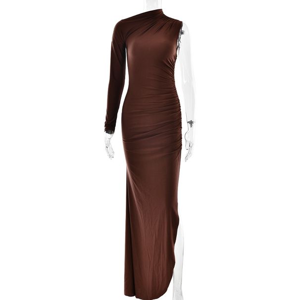 Women Elegant Formal Evening Dress, Asymmetrical One‑Shoulder Sleeve, Solid Color, High Slit Detail, Slim‑Fit Silhouette_ecoleips.com
