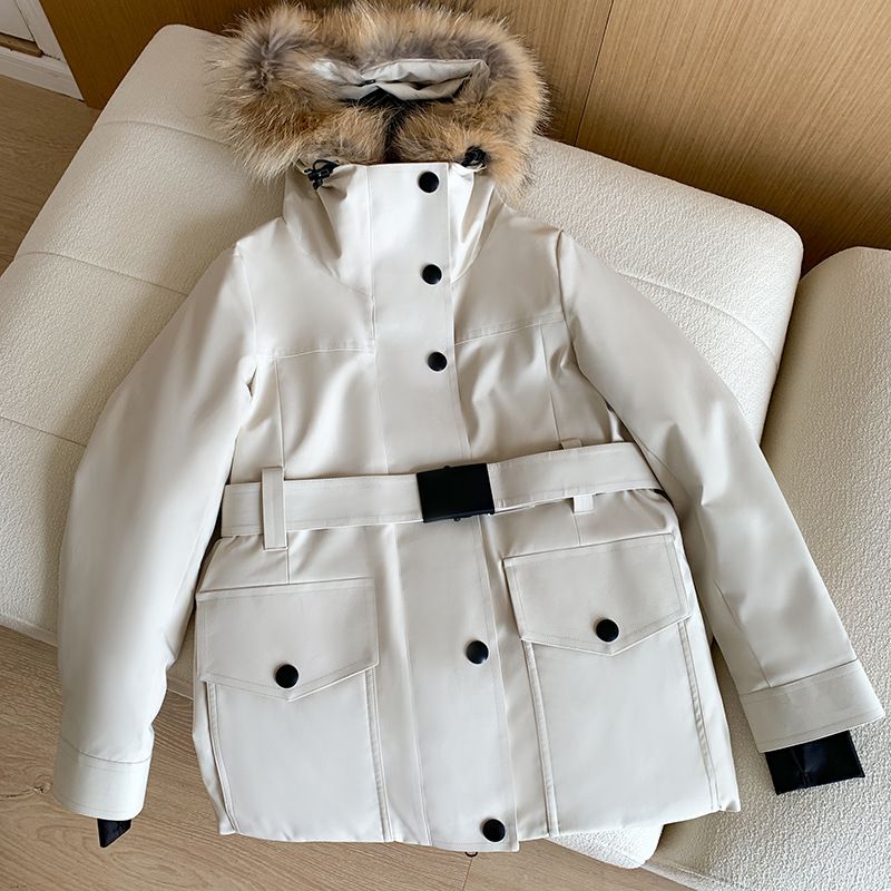 girl High-End Goose Fur Collar Workwear Down Jacket Women's Mid-Length Slim Waist 2024 New Parka Thickened Winter_ecoleips.com