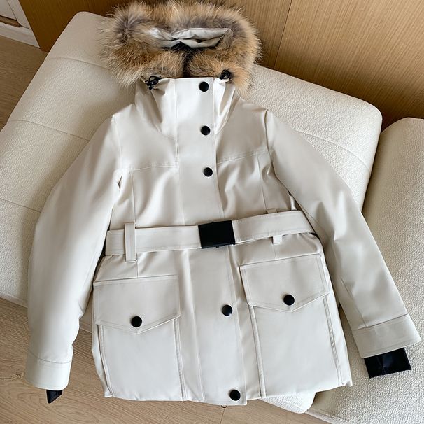girl High-End Goose Fur Collar Workwear Down Jacket Women's Mid-Length Slim Waist 2024 New Parka Thickened Winter_ecoleips.com