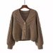 Women's V-Neck Cable Knit Cardigan – Soft & Cozy Oversized Sweater (Camel/White/Rouge, One Size Fits Most)_ecoleips.com
