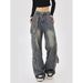 Foreign Trade Plus-size American High Street Workwear Jeans For Women, New Multi-pocket Straight Wide-leg Loose_ecoleips.com