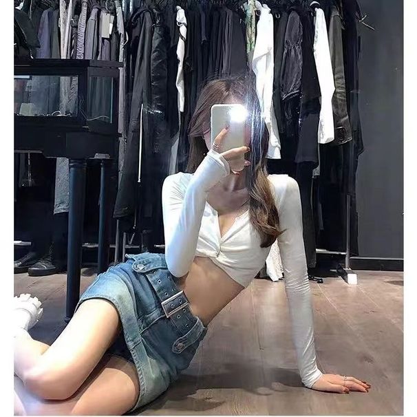 Women's Clothing Gray Retro V Neck Long Sleeved Short T Shirt Female Autumn Korean Version Of Navel Baring T Shirt Hot Girl Outfit_ecoleips.com
