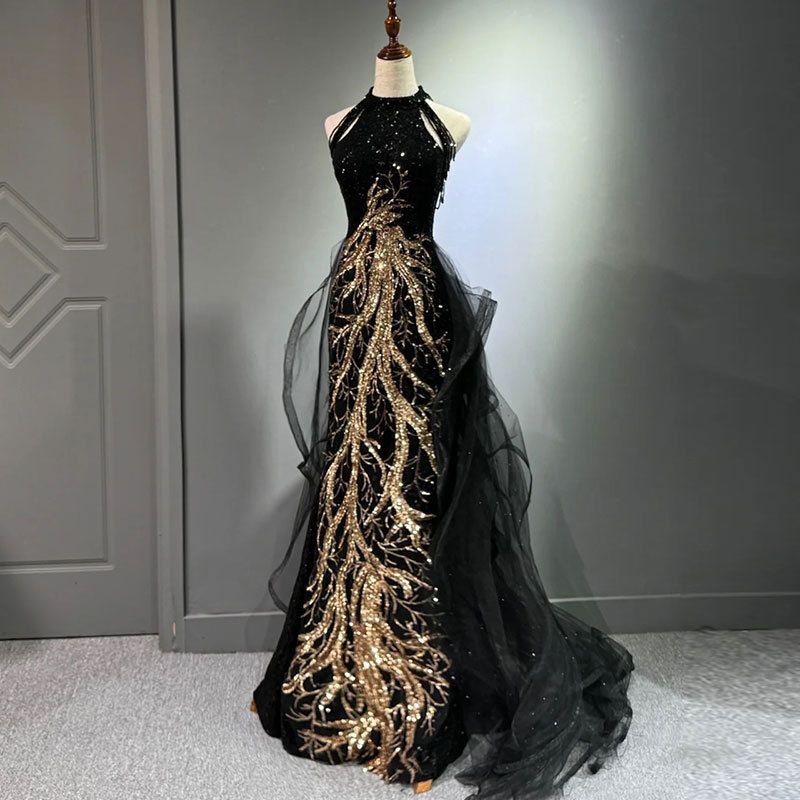Women's Clothing New Black Evening Dress High End Slim Temperament Celebrity Host Halter Neck Fishtail Skirt Wedding Toast Dress_ecoleips.com