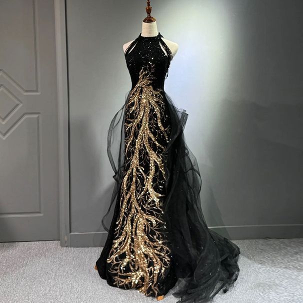 Women's Clothing New Black Evening Dress High End Slim Temperament Celebrity Host Halter Neck Fishtail Skirt Wedding Toast Dress_ecoleips.com