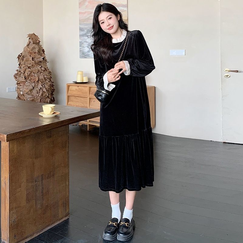 Autumn Winter New Korean Fashion Velvet Patchwork Maternity Dress_ecoleips.com