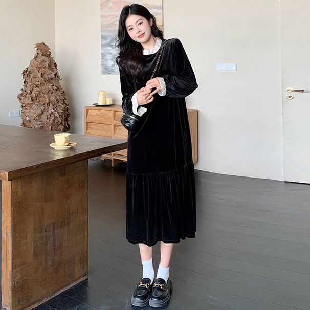 Autumn Winter New Korean Fashion Velvet Patchwork Maternity Dress_ecoleips.com