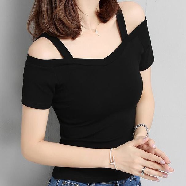 Women's Black Off-Shoulder T-Shirt Korean Style Summer 2026 Short Sleeve Sexy Trendy Top_ecoleips.com