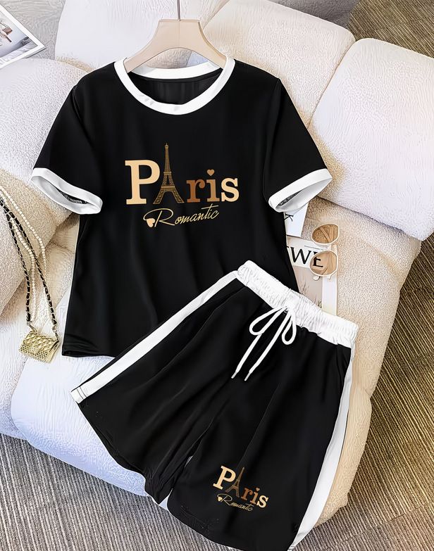 Women's Summer Two Piece Set Reducing Age Casual Comfortable Crew Neck T-Shirt And Drawstring Shorts Set Print Loose Fit_ecoleips.com