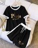 Women's Summer Two Piece Set Reducing Age Casual Comfortable Crew Neck T-Shirt And Drawstring Shorts Set Print Loose Fit_ecoleips.com