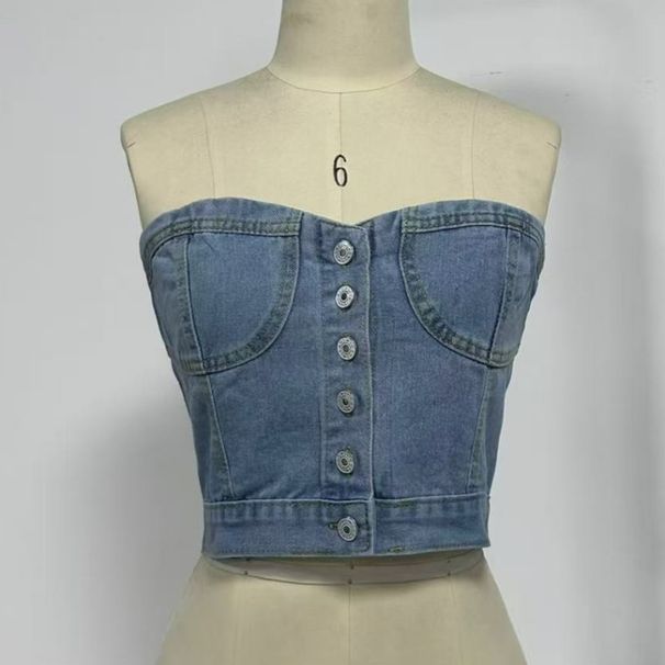 K Sexy And Fashionable Slim Fit Waist Cinched Short Denim Vest For Women_ecoleips.com