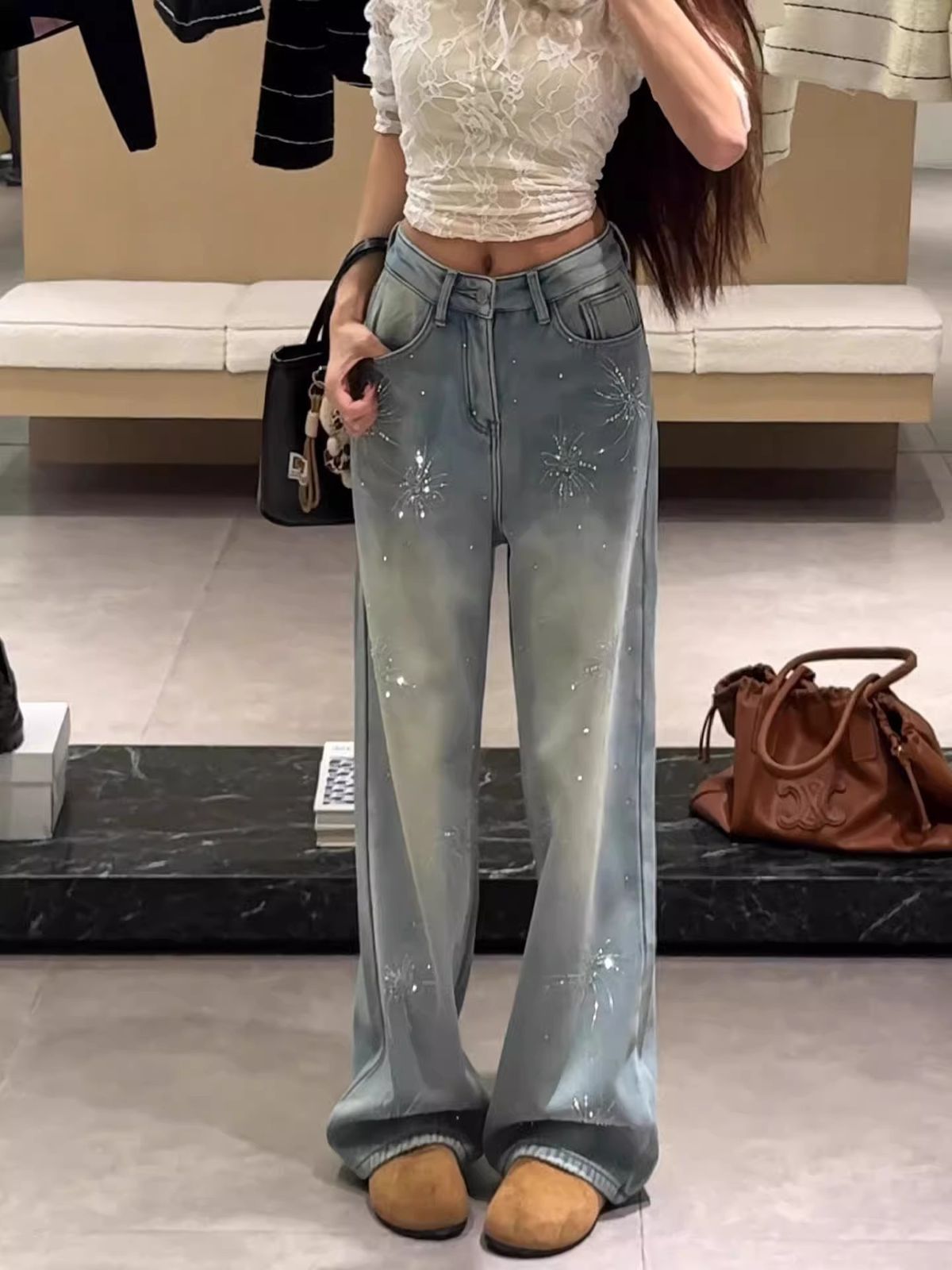 Women's Light Blue Flared Jeans With Firework Rhinestone Details – Fleece-Lined Winter Pants, High-Waisted Straight-Leg Denim For A Slimming Look_ecoleips.com