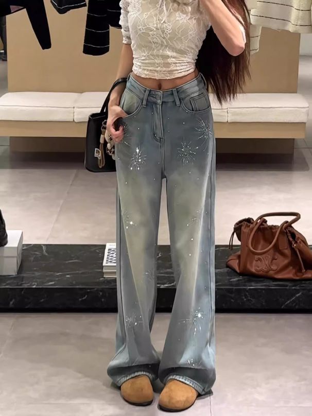 Women's Light Blue Flared Jeans With Firework Rhinestone Details – Fleece-Lined Winter Pants, High-Waisted Straight-Leg Denim For A Slimming Look_ecoleips.com