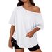 Women's Casual Fashion Asymmetrical Neck T-Shirt Knit Short Sleeve Top European American Style_ecoleips.com