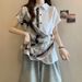 Elegant Chinese-style Printed Patchwork Short-sleeve Shirt For Women, 2025 Summer, Plus Size, Irregular, Light Luxury,_ecoleips.com