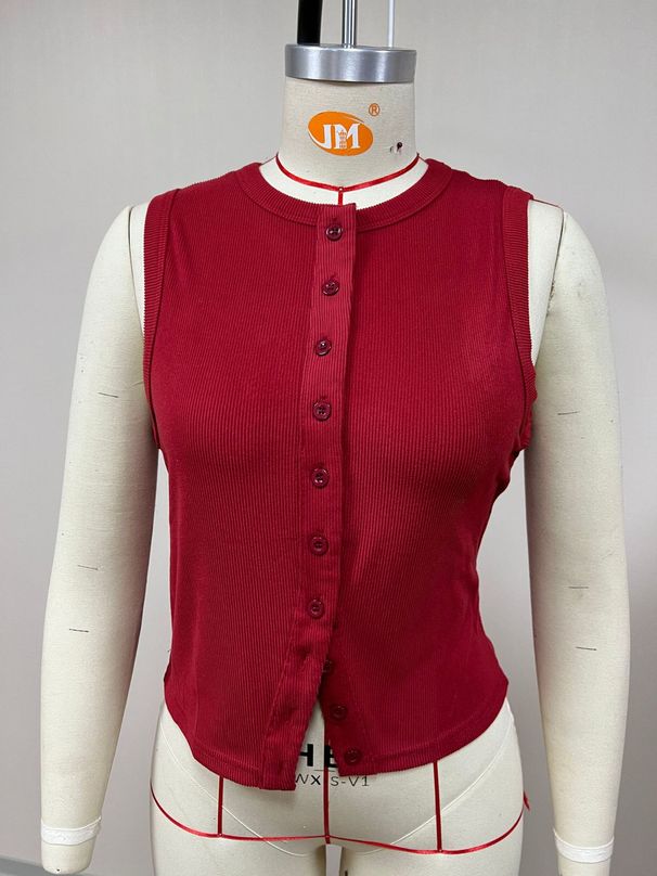 Casual Crew Neck Sleeveless Slim Fit Vest Women Front Button Tank Tops Summer Fashion Female Rib Knit Crop Tops Vintage Clothes_ecoleips.com