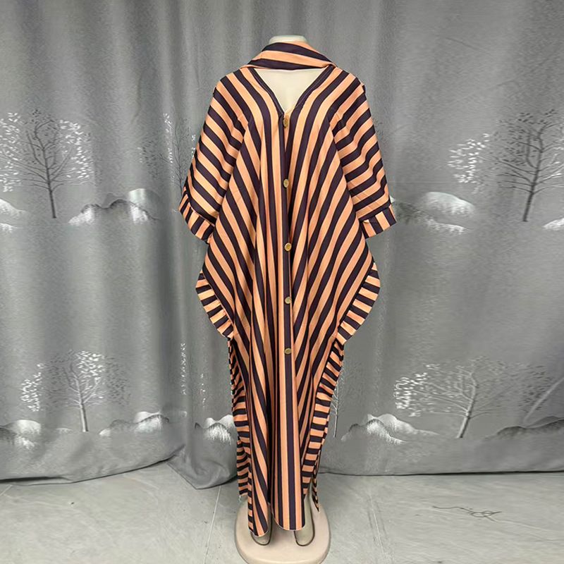Summer Striped V Neck Long Dress European American Style Casual Loose plus Size Fashion Women's Dress_ecoleips.com