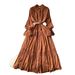 Women's Clothing With Stand Up Collar Trumpet Sleeves Waisted Single Breasted Lace Stitching Long Swing Skirt_ecoleips.com