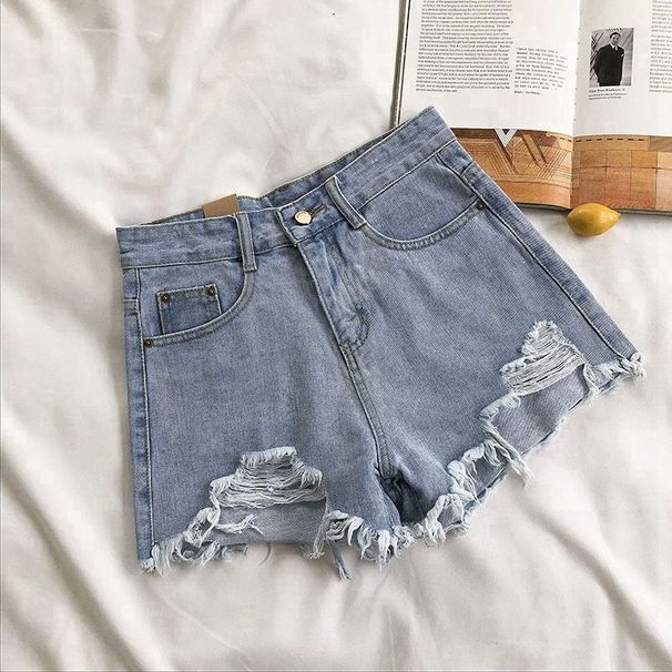 Ripped Denim Shorts for Female Students Spring/Summer New Style Versatile Slimming Wide Leg Frayed Hem A-Line Hot Pants Trendy on Instagram_ecoleips.com