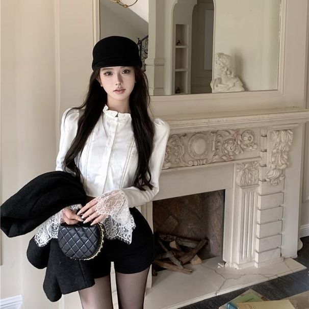 Lace Cuff Ruffled Stand Collar Puff Blouse For Women, Autumn And Winter Elegant Long Sleeve Slim-fit Short Shirt_ecoleips.com