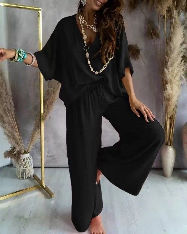 Women's Casual Loose-Leg V-Neck Bat-Sleeve Pants Set_ecoleips.com