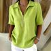 Women's Linen-Blend Zip-Front Mid-Sleeve Shirt, Summer Casual Solid Color Lapel Shirt For A Stylish Relaxed Look_ecoleips.com