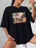 Women's Casual Black T-Shirt round Neck Short Sleeve Cotton Polyester Landscape Print Top European American Style Loose Fit_ecoleips.com