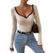 Elegant V-Neck Knit Top For Women - Slim Fit, Versatile & Sexy Basic Layering Piece In Beige, Black & Camel_ecoleips.com