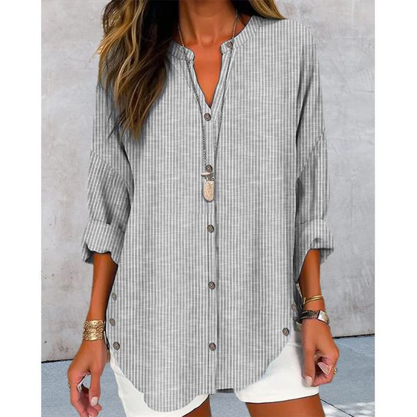 Women's Casual Fashion Striped Shirt Button Detail Long Sleeved Solid Color Autumn Winter New Style_ecoleips.com