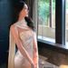 White Strapless Slim Fit Long Dress with Sequined Shawl Elegant Women's Clothing/Dress_ecoleips.com