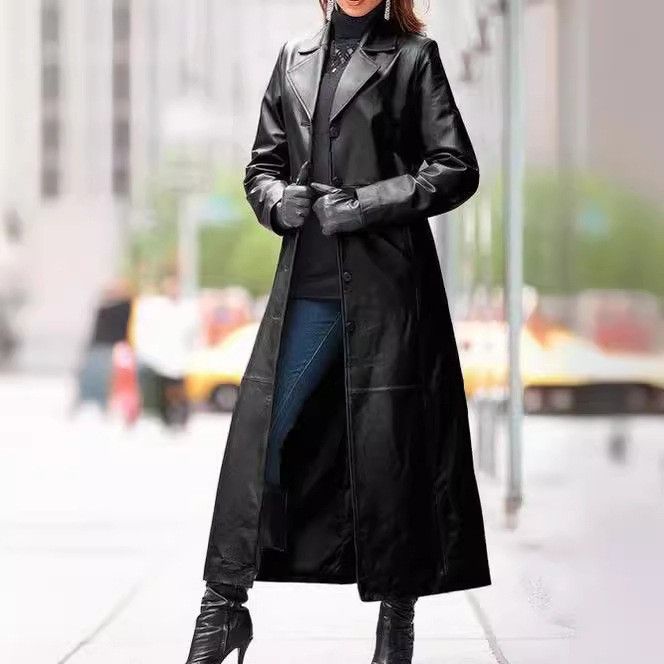 Women's Slim-Fit Button Leather Jacket – Long Coat Windbreaker (Black/Brown/Bluish/Maroon, Sizes S-4XL)_ecoleips.com