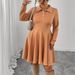 Women's Clothing Plus Size Clothes"Elegant Caramel A-Line Long Dress – High Waist & Slimming Long Sleeves, Autumn/Winter Women's Dress_ecoleips.com