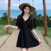 Women's One Piece Swimdress V Neck Sheer Lace Flare Sleeve Tummy Control Modest Summer Beach Vacation Bathing Suit Swimwear_ecoleips.com
