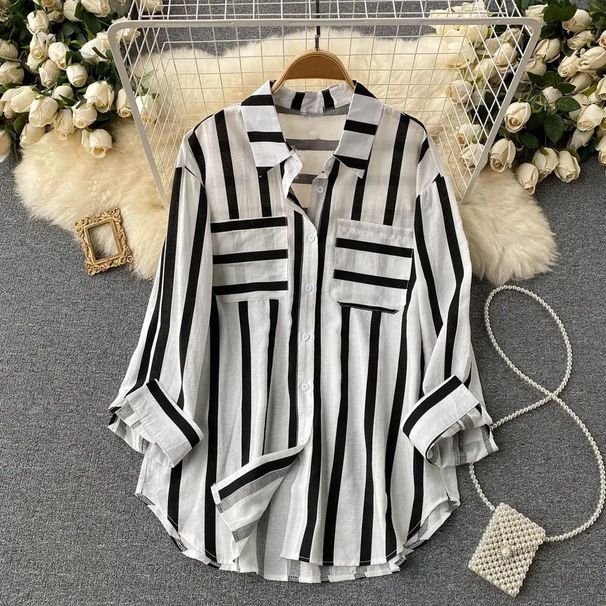 Selected Japanese And Korean Casual Mid-Length Striped Cardigan With Single Row Pockets For Women's Wholesale_ecoleips.com