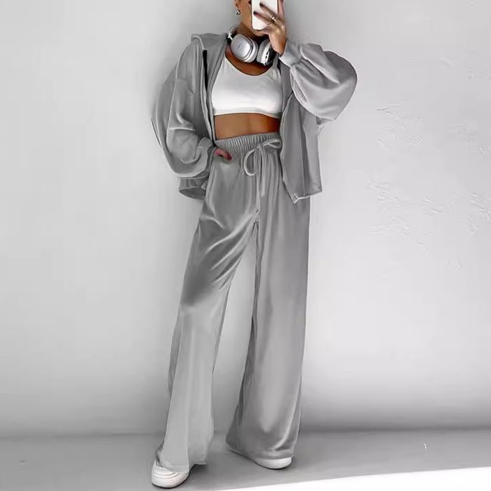Women's Clothing New Gold Velvet Suit Fashion Zipper Long Sleeve Sports Style Hooded Sweater Zipper Casual Suit_ecoleips.com