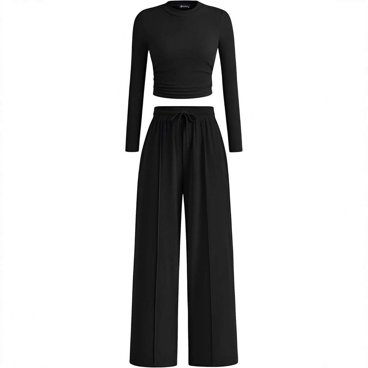 K New Two-piece Long Sleeved Crop Top, Wide Leg Pants, Solid Color Fashion Set_ecoleips.com
