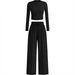 K New Two-piece Long Sleeved Crop Top, Wide Leg Pants, Solid Color Fashion Set_ecoleips.com