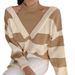 Women's Retro Striped Soft Waxy Sweater - Oversized Off Shoulder Pullover, Loose Fit, Cozy & Stylish For Autumn Winter_ecoleips.com