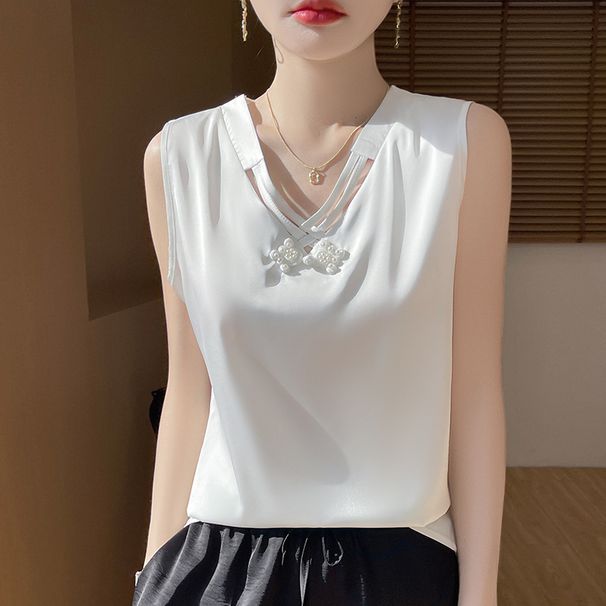 Summer Thin Camisole Women, Suitable For Wearing Under Suit, Sleeveless Faux Silk Satin Base Shirt With A Unique Design_ecoleips.com