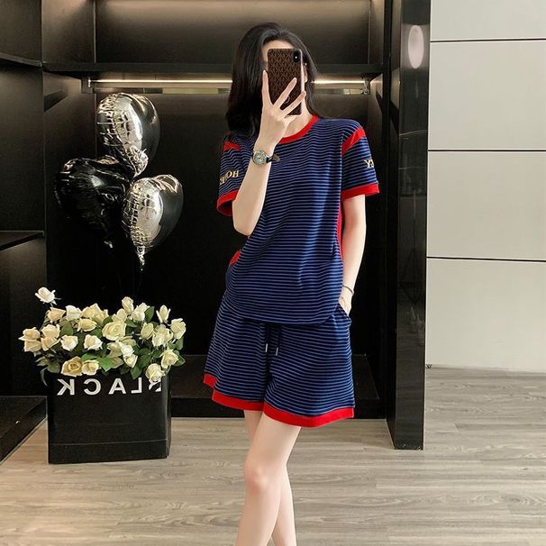 Women's European Style Loose Fitting Sportswear Set Korean Casual Striped Two Piece Outfit Short Sleeved Top And Shorts Summer Fashion for Youthful Look_ecoleips.com