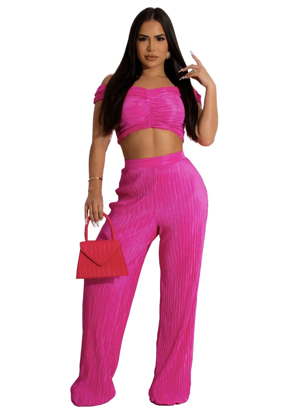 Women's Clothing Hot Sale Spring Fashion Leisure One Shoulder Wrap Chest Wide Leg Two Piece Set_ecoleips.com