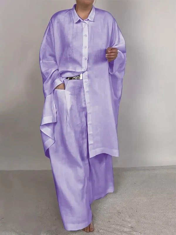 Women's Clothing Casual Loose Solid Color Shirt Suit Wide Leg Pants Two piece Set_ecoleips.com