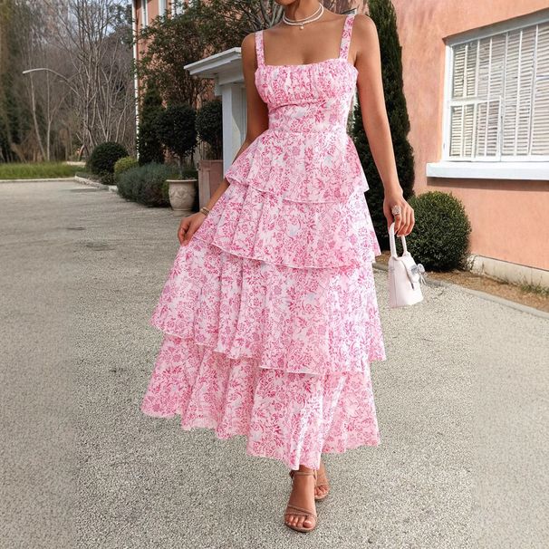 Cross-border European And American Elegant Style Floral Print Suspender Cake Dress Women's Clothing 2025 Spring/summer_ecoleips.com