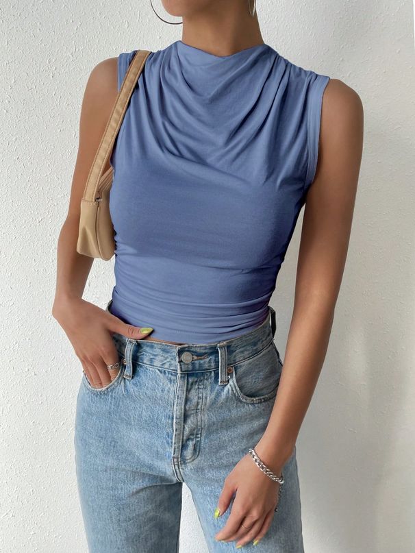 Women's Casual Pleated Design Top Summer Fashion Street Style Solid Color Slim Half High Neck Sleeveless T-Shirt Top_ecoleips.com