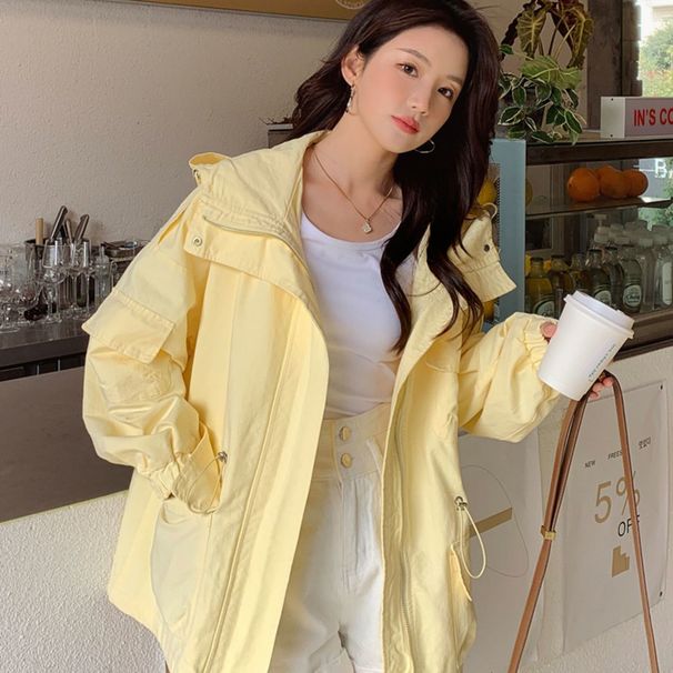 Yellow High-end Trench Coat New Korean-style Loose And Versatile Casual Hooded Work Jacket For Women, Spring_ecoleips.com