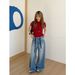 ICC Early Spring New Model Washed Faded Simple Women's Drawstring Loose Wide-leg Jeans 10250_ecoleips.com