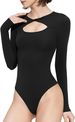 Fashion Women's Long Sleeved Bodysuit Cross Border European American Design Conscious Tight Fitting Hollowed out round Neck Twisted Collarbone_ecoleips.com
