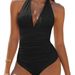 Women's Clothing Solid Color One Piece Bikini Deep V Neck Swimwear Sexy Tie-up Halter Neck Design Summer Swimwear_ecoleips.com