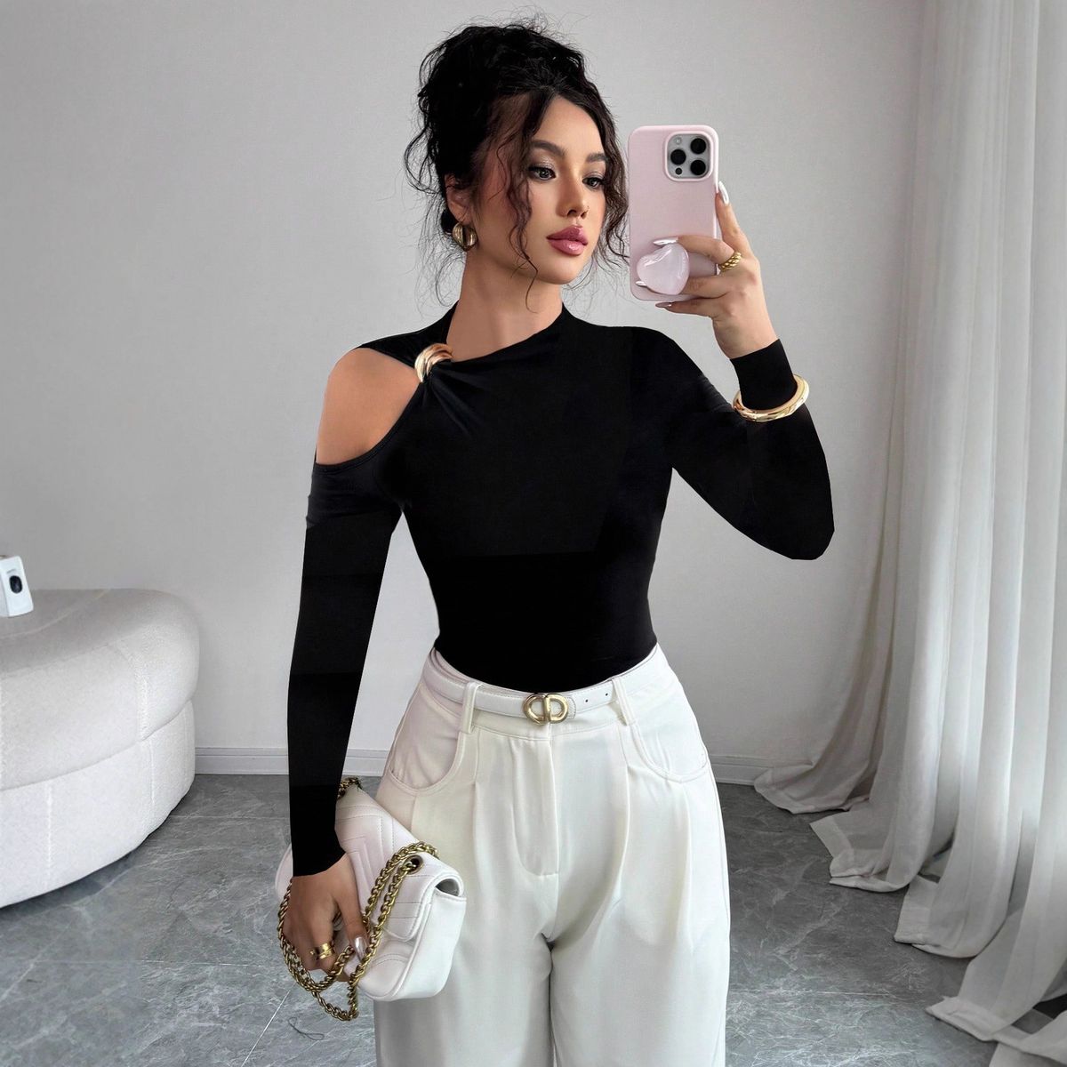 Autumn And Winter Asymmetrical Collar, One-Sided Off-The-Shoulder Metal Trim, Slimming Top_ecoleips.com