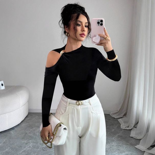 Autumn And Winter Asymmetrical Collar, One-Sided Off-The-Shoulder Metal Trim, Slimming Top_ecoleips.com