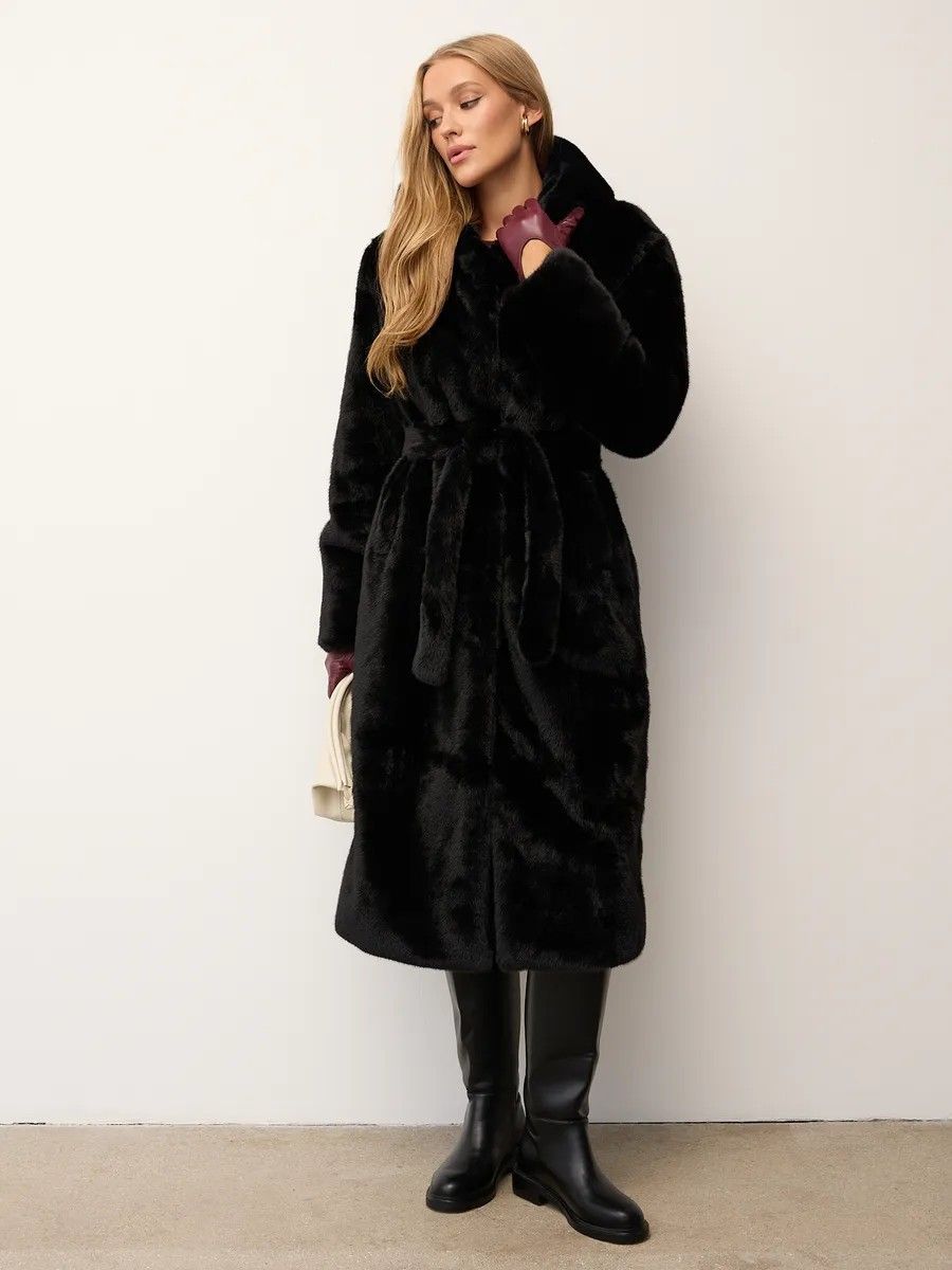 Longline Vegan Mink Coat – Hooded Faux Fur Trench With Belt & Deep Pockets (Dark Brown/Black/White) – Winter Luxe For Commuter Chic_ecoleips.com